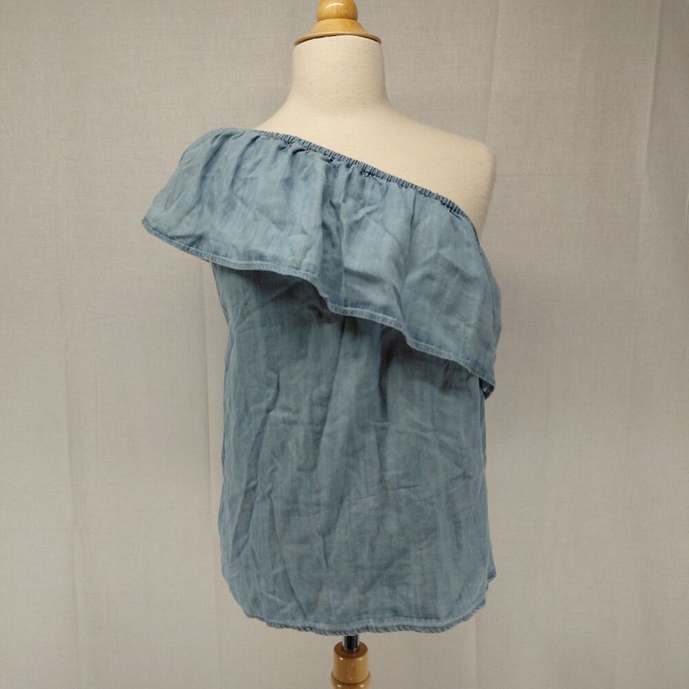 NWT American Eagle One-Shoulder Denim Chambray Top Ruffled Neckline Sz XL